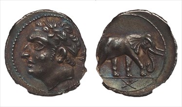 Coin of Hannibal Barca. Carthage. (Obverse: Hannibal, Reverse: Elephant), ca. 213-210 BC.