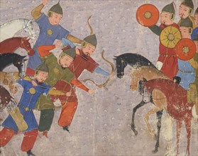 Battle between the Khwarezmian army and the Mongols. Miniature from Jami' al-tawarikh (Universal His