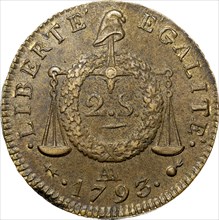 Coin 2 Sols. The National Convention period. Revers, Inscription: Liberté Égalité, 1793.