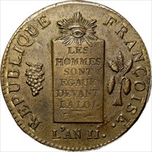 Coin 2 Sols. The National Convention period. Avers, Inscription: Les hommes sont tous égaux devant l