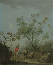 Forest landscape with a lady on horseback, a falconer and a huntsman.