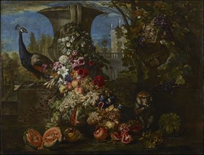 Still life with fruits and flowers in the garden of an Italian villa, Second Half of the 17th cen..