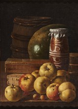 Still life with apples, strawberries, watermelon, box of sweets, jar of honey and barrel, Mid of the
