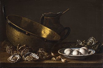 Still life with oysters, garlic, eggs, pear and pot.