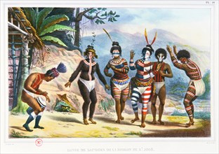 Dance at the mission of Sao Jose. Illustration from Voyage pittoresque et historique au Brésil, 1834