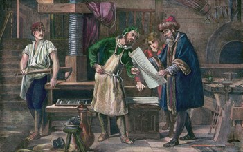 Johannes Gutenberg in his workshop, .