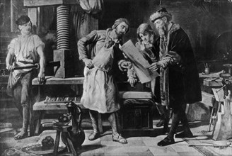 Johannes Gutenberg in his workshop, .