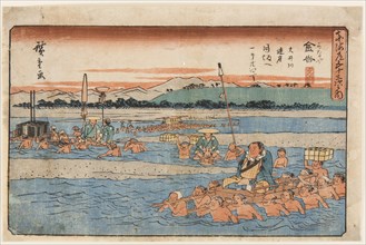 Kanaya (Crossing a wide river). From the Fifty-Three Stations of the Tokaido, 1830s.