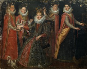 Portrait of five women with a dog and parrot, .