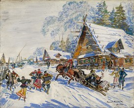 Russian village in winter, .