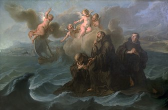 Saint Francis of Paola and his companions cross the strait to Messina on his cloak, 1723.