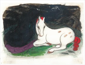 White horse lying on a black background, 1912.