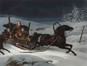 Sleigh of a Russian family pursued by wolves, 1830s.