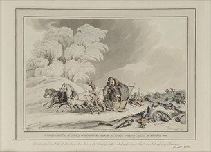 Napoleon retreats from Moscow. Cossacks attacking French soldiers.