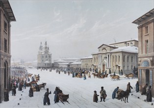Okhotny Ryad Street (Hunting Row) and the Assembly of the Nobility House in Moscow, 1840s.