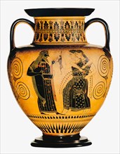 Dionysus and two Maenads. Attic black-figured amphora, ca 550-530 BC.