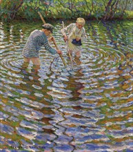 Young boys fishing for crayfish.