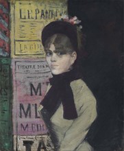 Young woman reading in Front of an Advertising Column, ca 1880-1885.