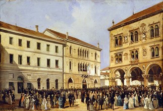 Esposizione del tricolore in Piazza Duomo , 1866.