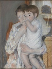 Femme et enfant devant une tablette où sont posés un broc et une cuvette, c. 1889.