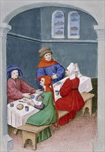 The meal. Miniature from The Decameron by Giovanni Boccaccio, 1432.
