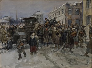 Hungry workmen in Petrograd robbing a military lorry of bread, 1920.