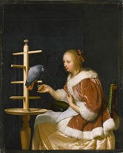 Young Woman Feeding a Parrot, 1663. Creator: Mieris, Frans van, the Elder (1635-1681).