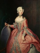 Portrait of Louisa Ulrika of Prussia (1720-1782) with a mask in her hand, ca 1744. Creator: Pesne, Antoine (1683-1757).