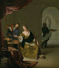 The Neglected Lute (A Lady with a Lute Taking Wine in a Rich Interior), 1705. Creator: Mieris, Willem van (1662-1747).