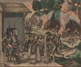 Slaves pour ore in front of European soldiers. In the background, slaves work in the mines, 1595. Creator: Bry, Theodor de (1528-1598).