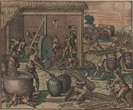 Slaves process sugar cane and make sugar, 1595. Creator: Bry, Theodor de (1528-1598).
