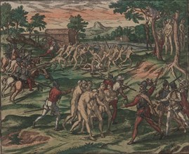 Slaves attempt to overcome their Spanish owners, but are captured and hanged from trees, 1595. Creator: Bry, Theodor de (1528-1598).