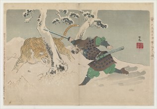 Fighting a tiger in snow, 1896. Creator: Ginko, Adachi (1853-after 1908).