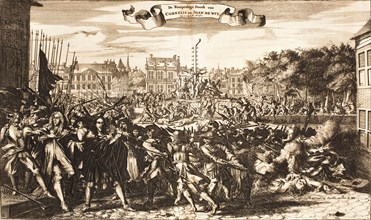 Scene of the crowd murdering Cornelis and Johan de Witt, The Hague, 20 August 1672, 1675. Creator: Anonymous.