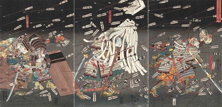 The last stand of the Kusunoki at Shijonawate (Nanke yushi shijonawate nite uchijini), c.1851. Creator: Kuniyoshi, Utagawa (1797-1861).