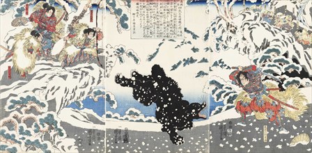 Kamei Rokuro Shigekiyo fighting a black bear in the snow, watched by Yoshitsune and his retainers, 1 Creator: Kuniyoshi, Utagawa (1797-1861).