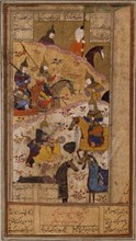 Ardashir murders the King Artabanus V of Parthia (Manuscript illumination), 16th century.