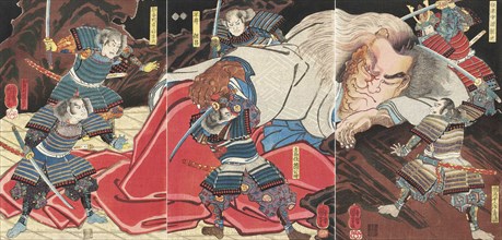 Minamoto no Yorimitsu and his retainers attacking the drunken monster Shuten-doji on mount Oe, 1851.