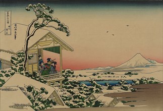 Tea house at Koishikawa. The morning after a snowfall (from a Series "36 Views of Mount Fuji"), 1830