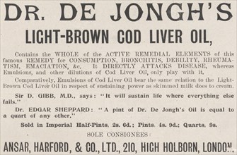 De Jongh's Light-brown cod liver oil, 1898. Artist: Unknown