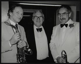 Musicians John Dankworth and Don Lusher with Dennis Matthews of Crescendo magazine, London, 1985. Artist: Denis Williams