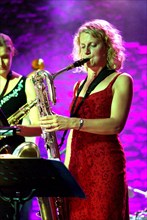 Karen Sharp, British tenor saxophonist, Brecon, 2009. Artist: Brian O'Connor.