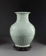 Vase with relief decoration of scrolling peonies, before 1941. Artist: Miyanaga Tozan.