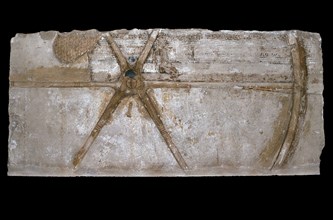 Carved and painted limestone block with depiction of a chariot wheel, 1353 BC-1335 BC. Artist: Unknown.