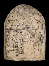 Limestone stela depicting the worship of the divine cats of Re and Atum, XIXth Dynasty (c1292-c1190  Artist: Unknown.