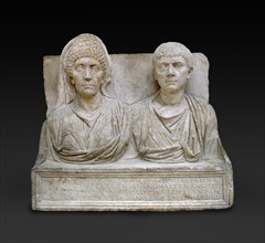 Marble tombstone of the doctor Claudius Agathemerus and his wife Myrtale, c100. Artist: Unknown.