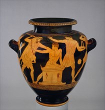 Attic red-figure stamnos showing Heracles and Busiris, c460 BC. Artist: Late follower of the Berlin Painter.