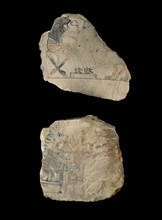 Limestone ostraca with humorous sketches in red and black ink, XIXth Dynasty (c1292 BC-c1190 BC). Artist: Unknown.