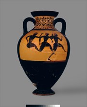 Attic black-figure Panathenaic amphora with depiction of (A) Athena and Hermes between columns crown Artist: Unknown.