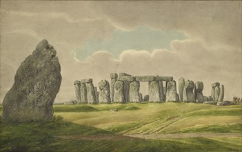 Stonehenge from the N.E., showing ruins and heel stone with cart, horse, person, 1824-1839. Artist: Henry Browne.